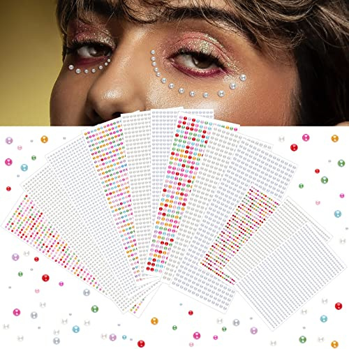 Kalolary 8400 Pièces Perle Autocollante, Perle Strass Ronde Stickers Blanc Couleur Perle a Coller, 3/4/5/6mm Perle Ornements pour Maison Mariage Déco Visage Maquillage Scrapbooking Artisanat