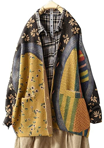 YESNO Women Cardigans Knitted Graphic Long Sleeve Jumpers V-Neck Button Sweaters Tops with Pockets S01TYP3UK