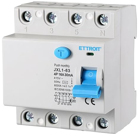 Interruttore Differenziale Puro, 4P 4 Poli 30mA 6kA 380V, Salvavita Differenziale, Occupa 4 Moduli DIN, RCCB 4P 30mA C16 16A