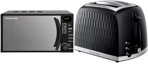 Russell Hobbs RHM1714B 17 Litre 700 W Black Digital Solo Microwave with 5 Power Levels & 26051 Cordless Electric Kettle - Contemporary Honeycomb Design