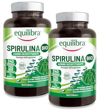 Equilibra, Spirulina Bio, 100% Alga Spirulina, 1000mg per Dose, 480 Compresse Vegan per 8 Mesi, Azione Ricostituente e di Sostegno per l'Organismo, Senza Additivi