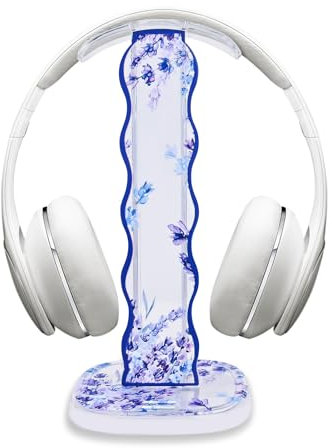 DiyGody Headphone Stand Gaming Headset Holder, Pretty Purple Lavender Flowers Pattern Clear Cellphone Stand Earphone Desk Accessories for All Headphones Size