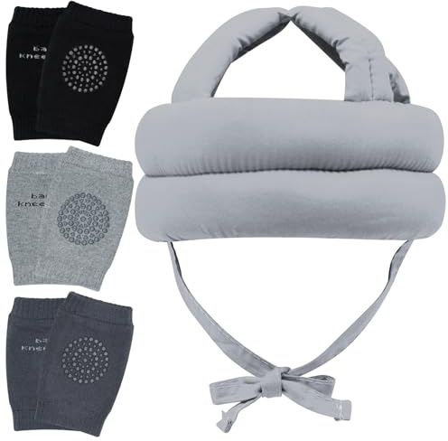 Baby Head Protector Helmet & Baby Knee Pads 3 Pairs Toddler Protector Cap Soft Cotton Cushion, Adjustable Bump-Free Safety Hood to Crawling, Walking, and Running