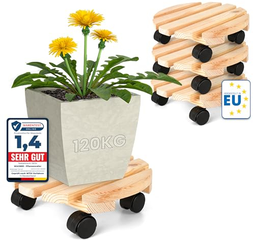 Oramics 4 Stück Pflanzenroller Rund aus Massivholz – Ø30 x 8 cm bis 120 KG belastbar – Rollbrett für Pflanzen, Blumentöpfe und Blumenkübel – Blumentopf Untersetzer mit 4 Rollen