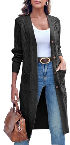 Imily Bela Chaqueta de punto mujer larga con patrón trenzado frente abierta cárdigan de manga larga otoño invierno suéter de punto con bolsillos, Negro , L