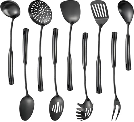 Juego de utensilios de cocina de acero inoxidable 304, 9 utensilios de servir, incluye skimmer, cucharón de sopa, servidor de espaguetis, espátula wok, cuchara ranurada y sólida, espátula ranurada