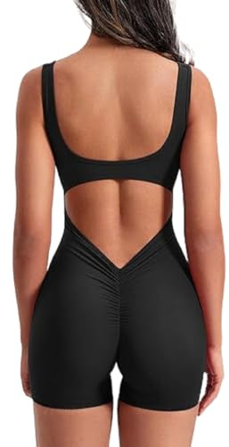 Havejoy Mono Deportivo Mujer Push Up Corto Body Reductor Espalda Al Aire Cuello Cuadrado Sin Manga Ajustados Jumpsuit Short Mameluco Pelele Verano Ropa Deportiva para Gimnasio Fitness Yoga Jogging