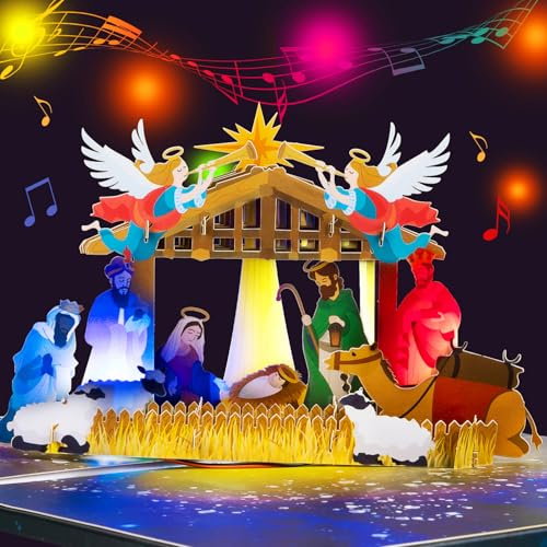 Heilige Nacht Pop Up Weihnachtskarte mit Musik und Licht - 3D Krippenszene mit Engeln Königen und Jesuskind -Religiöse Weihnachtskarte für Familie Mama Oma