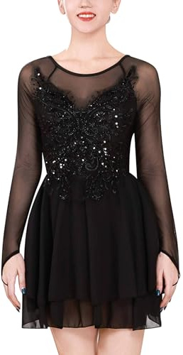 ODASDO Figure Skating Dress for Women Ice Skating Costumes Teenager Girls Mesh Long Sleeve Criss Cross Back Sparkly Sequin Chiffon Skirted Leotard Gymnastics Competition Ballet Dancewear Black S