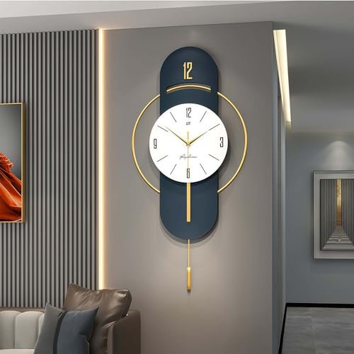 GERHWASH Grande orologio da parete moderno senza ticchettio, 42 x 84 cm, pezzo di design in blu, orologio da parete in metallo con pendolo per soggiorno e ambienti moderni