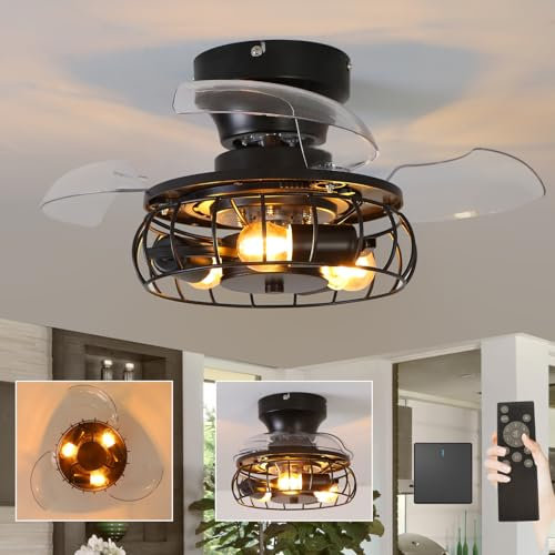 Industrial Farmhouse 20in Ceiling Fan with Lights and Remote Control Retro Style Chandelier with Retractable Blades Reversible 6 Speed Silent Motor Design for Bedroom Iron Art Finish