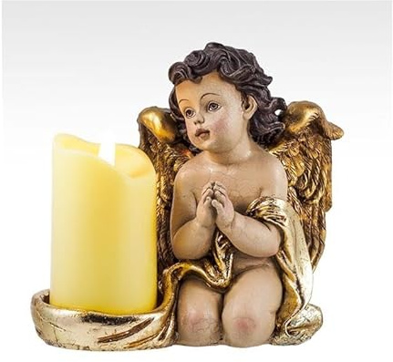 DRW Kerze mit Engel auf Knien aus Kunstharz, handbemalt, 15 cm
