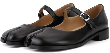 VOZTOLLS Tabi Mary Jane Damen-Schuhe, Geteilte Zehenpartie, Knöchelschnalle, Riemen, Flache Schuhe, bequem, lässig, elegant, Party, Schule, Arbeit, Kleid, Pumps, Schwarz matt, 40 EU