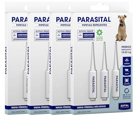 Zotal Parasital Pipetas Antiparasitarias para Perros Medianos (10-25 kg) Pack 4 Blíster de 3 Pipetas (12 en total)- Protección contra Pulgas, Garrapatas y Mosquitos - Repelente Natural hasta 6 Semanas