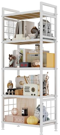 GIOTORENT 5-Tier Pantry Shelves with Wooden Boards, Heavy Duty Storage Shelves & Book Shelf, Adjustable Metal Shelving Unit for Kitchen Bathroom Laundry Organizer, Sturdy Rust-Resistant, White