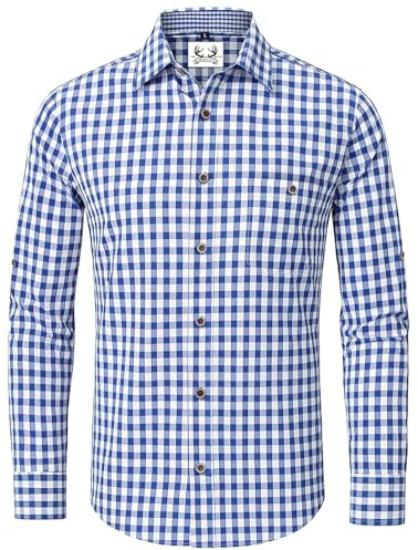 AMZHOTER Trachtenhemd Herren Oktoberfest Hemd Kariertes Hemd Outfit Langarm Trachten Hemden Tracht Blau Trachtenhemden Kurzarm Karohemd Freizeithemd Baumwolle M
