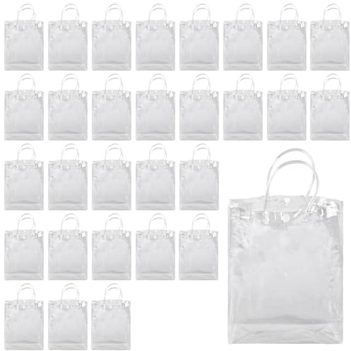SYUTBOU 30 Stück 20 x 8 x 26cm Transparent Geschenktüten mit Griffen, Wiederverwendbare PVC Tragetaschen für Geschenke, Einkaufen und Partys