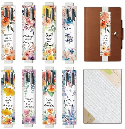 CUTHOLLOW 8 PCS Adjustable Elastic Band Pen Holder, Motivational Word and Flower Universal Pen Pouch for Notebook, Planner, Journal, Binder, Durable Elastic Pencil Loop Bag er for Office School Home