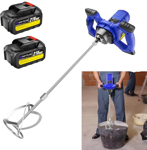 Cordless Concrete Cement Mixer 850W Electric Paddle Mixer Adjustable 6 Speed Handheld Plaster Grout Paint Thinset Mortar Paddle Mixer Drill Mixer Stirring Tool (Includes 2X 21V Batteries and Charger)