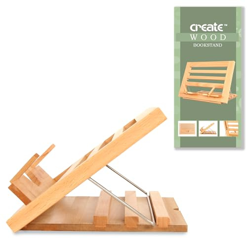 Create Wood Bookstand with Flip-Up Page Holders – Durable Beechwood Book Stand with Adjustable Angle Design – Wooden Book Holder for Reading, Cooking, & Painting