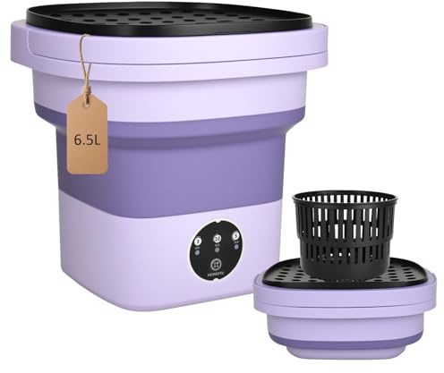 Portable Washing Machine, 6.5L Foldable Mini Washing Machine & Spin Basket, 3 Cleaning Modes Small Camping Washing Machines for Baby Clothes and Underwear [Energy Class G] (Purple 6L)