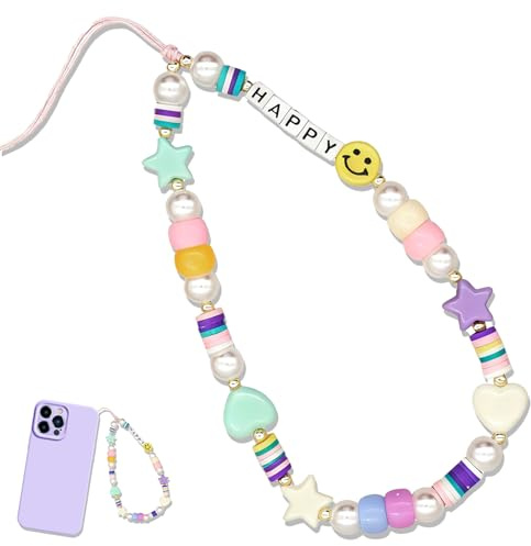 Phone Wrist Strap, Multi-Color Beaded Charms Lanyard with Smiley Face and Happy Letter, Handmade Anti-Lost Mobile Phone Wrist Charm Decoration for Handbag Wallet Camera Keychain Gifts for Women Girls
