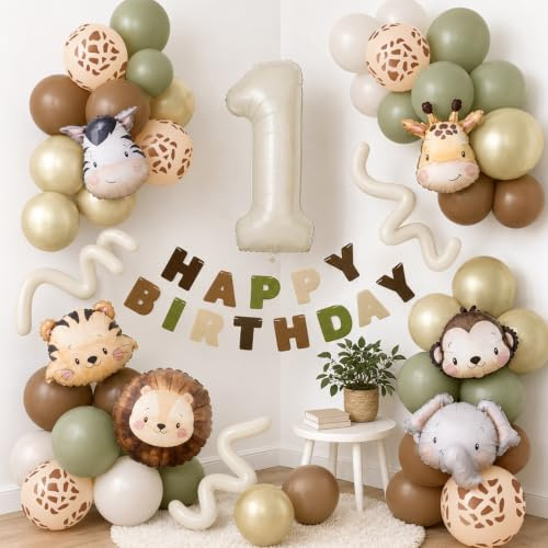 Wuokkig Wild One Deko 1. Geburtstag Junge,Dschungel Safari Luftballons Set | 53 Teile Geburtstagsdeko 1 Jahr Junge, Safari Wild One Set mit 81,3 cm Zahlenballon,Tier Folienballons,Happy Birthday Banner