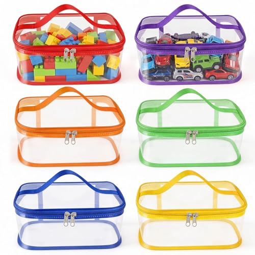 Eulihent Lot de 6 sacs de rangement de jouets en PVC avec poignées pour enfants, 23 x 17 x 10 cm, trousse de toilette de voyage étanche avec fermeture éclair pour blocs de construction, puzzle (B)