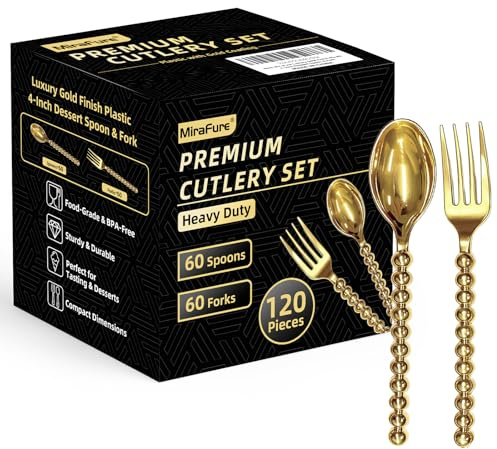 MiraFure Premium Gold Mini Dessert Utensils Set - 120-Piece (60 Forks & 60 Spoons) with Beaded Handle, 4.4 Inch BPA-Free Plastic, Appetizer Utensils for Parties, Charcuterie Boards & Tasting Events