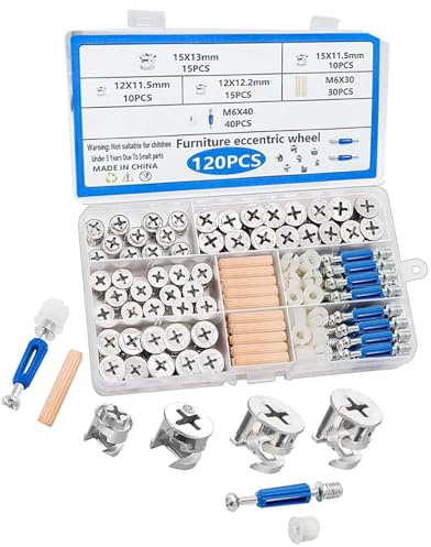 DAYnagh Set Ferramenta per Mobili Professionale da 120 Serrature a Camme Eccentriche con Bulloni Assortiti E Tasselli in Legno Set Ferramenta per Mobili