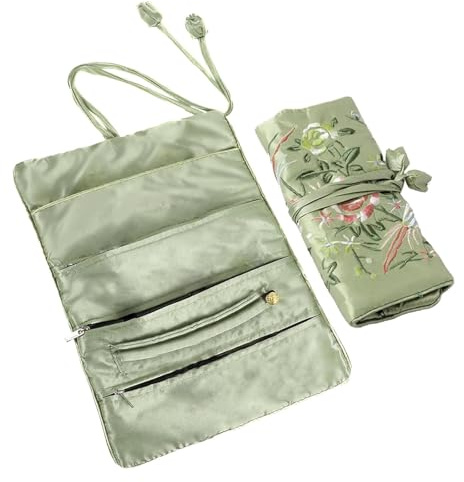 Bamyli Jewellery Rolls for Travelling Travel Jewellery Box, Foldable Jewellery Organiser, Emerald Green Satin Chinese Embroidery Ancient Style Pouch for Necklace Ring Bracelet Storage