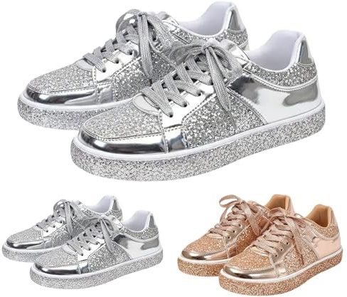Paljettsneakers med snörning damer glitter sneakers med mjuk fotbädd bröllop och fester glitterskor partyskor sportskor utomhus fitness löpning slip-on löparskor, silver, 36 EU