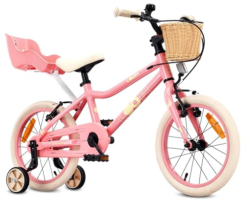 Sun Baby Barncykel 16 Tum LOOFI, Cykel för barn - Flicka 4-6 År, Max 50 kg - Lätt 6,9 kg, aluminiumram, med dockstol, stödhjul, korg, ringklocka, klistermärken - Rosa