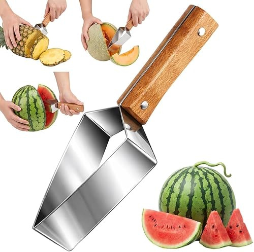 Cortador Triangular Sandía,Cortador Sandía Acero Inoxidable, Herramienta para Cortar Sandía con Mango Madera para Sandías, Melones, Melón Verde y Más (1 PCS)