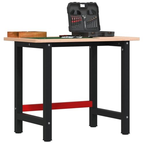 Banco de trabajo de madera de haya maciza, 100 x 60 x 81,5 cm, mesa de trabajo rectangular con estructura de metal pulverizado, banco de cepillado estable para taller, garaje, bricolaje y sala de
