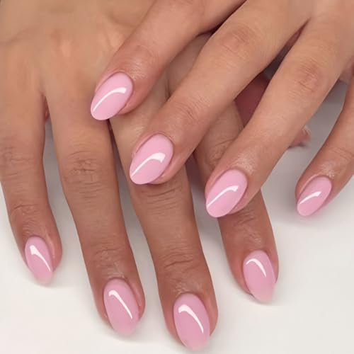 Celblisora 32 stycken delikata rosa, korta, ovala konstgjorda fingernaglar för fastsättning med enfärgad design, återanvändbara, komplett täckning självhäftande naglar