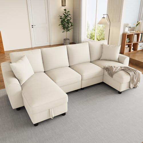 SACOOL Sofá de chenilla en forma de U, 2 plazas con dos chaise longues, chaise longues con espacio de almacenamiento abatible, dos cojines, multifuncional, modular, beis, 280 x 137 x 84 cm