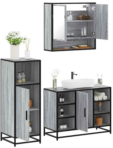 LoogCape Sonoma 3-Piece Bathroom Furniture Set, Grey, Made of Wood Material with Mirror Cabinet, Wash Basin Cabinet, Tall Cabinet, Bathroom Furniture Set for Washbasin, Storage, Guest Toilet, 60 kg