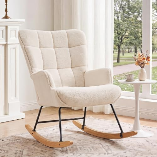 Ckaff Fauteuil à Bascule, Rocking Chair, Chaise à Bascule Scandinave Bouclette en Bouclé en Bois Massif pour Chambre d' Enfant Salon Balcon, Blanc
