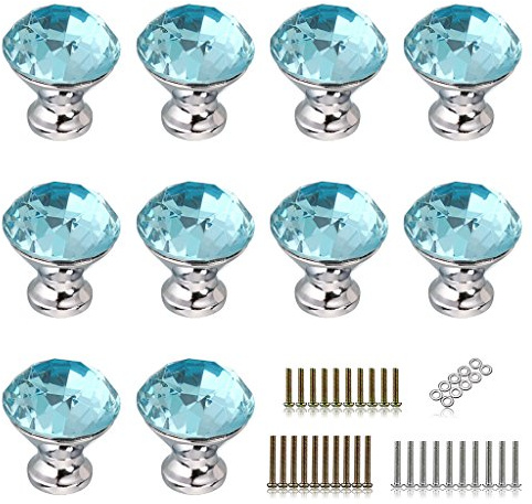 IGNPION 30mm Crystal Glass Drawer Door Knob Cupboard Pull Handles for Bedside Cabinet, Dresser Unit and Chest Furniture 10 Pcs (Aqua Blue)
