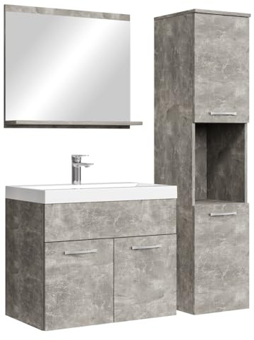 Badplaats Badmöbel Komplettset Montreal 60 x 35 cm Beton Grau - Badezimmermöbel mit Waschbecken, Spiegel und Badezimmerschrank