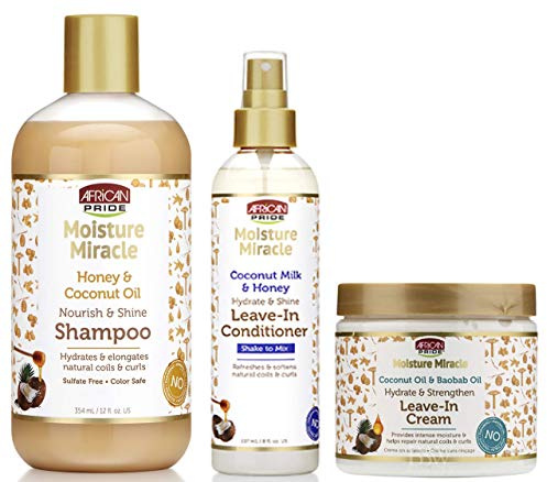 African Pride Moisture Miracle Shampoo, Leave-in Conditioner und Leave-in Creme SET, Kokosöl, Honig, Baobab Öl Hydrat Coconout Öl und Milch
