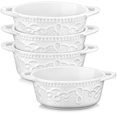 MALACASA, BAKE Series, 4 Pcs Round Oven Dishes, Small White Oven Dish, 15 x 11.5 x 4.5 cm 290 ml, Mini Porcelain Oven Plate Vine Design for 4 People