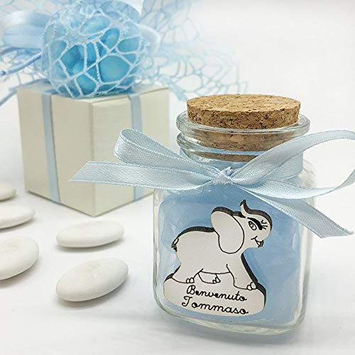 20 x Marmeladengläser aus Glas mit Schleife und Holz in Form eines Elefanten, personalisierbar, Gastgeschenk zur Geburt, Taufe (personalisierbar, mit weißer Verpackung)