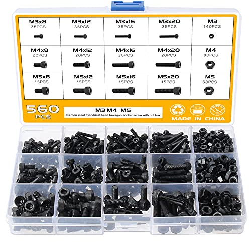 Faankiton 560PCS M3 M4 M5 Hex Socket Head Cap Button Screws Nuts and Bolts Set, 12.9 Carbon Steel Flat head Cylindrical Screws Assortment Kit, Hexagon Socket Head Cap Screws with the Hexagon Wrench