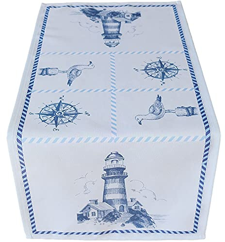 matches21 Tischläufer/Mitteldecke maritim mit Leuchtturm & Windrose & Möwe Tischwäsche blau weiß 40x90 cm Polyester