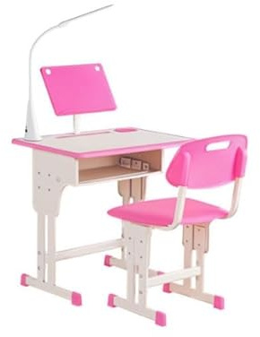 HOMCOM Banchetto per Bambini 6-12 Anni ad Altezza Regolabile con Lampada LED, Leggio e Mensola, Set Banco con Sedia per Bambini in PP, Acciaio e MDF, Rosa