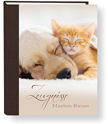 Zeugnismappe personalisiert mit Namen Animal Love A4 ca. 31x24 cm beige Zeugnisbuch Katze Hund Urkundenmappe Einschulung Schulanfang