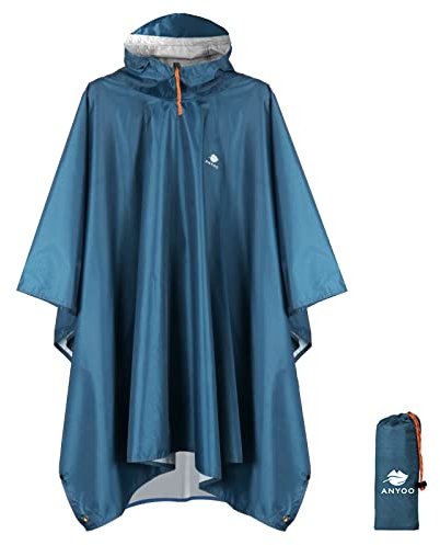 ANYOO Leichter Wasserdichter Regenponcho Wiederverwendbar Ripstop Atmungsaktiver Mehrzweck Regenmantel mit Kapuze Faltbare Schutzdecke Unterschlupf für im Freien Camping Wandern Angeln-Meeresblau
