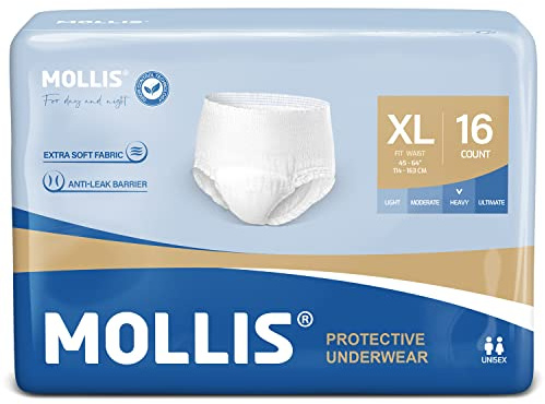 MOLLIS Culotte Incontinence Adulte & Post-Accouchement pour Hommes et Femmes, Sous-vêtements Protection Jetables, Protection contre les Fuites Urinaires Légères, Contrôle Odeurs, Taille XL, 16 Unité